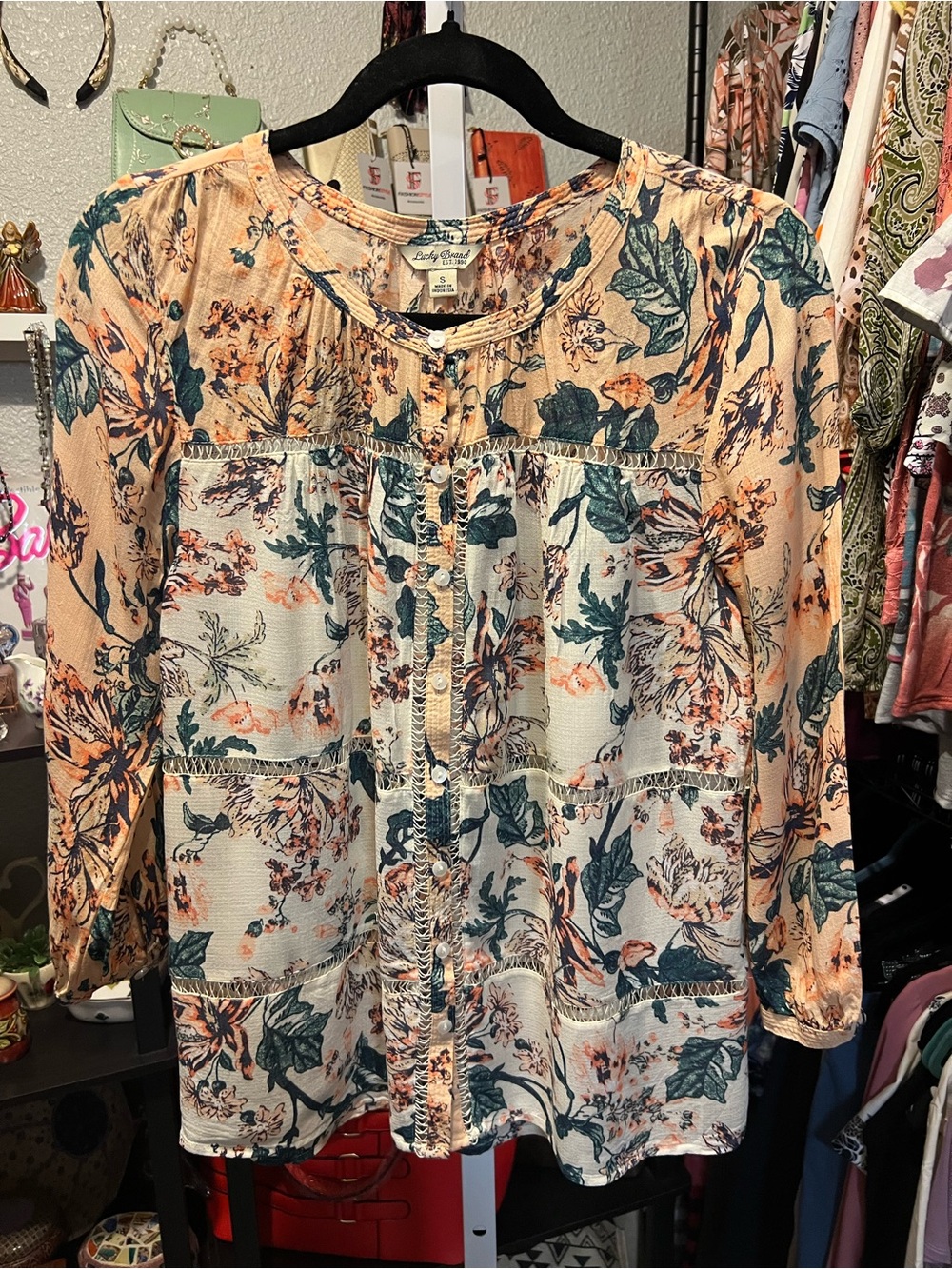 Lucky Brand Peach and Teal Floral Button-Front Blouse